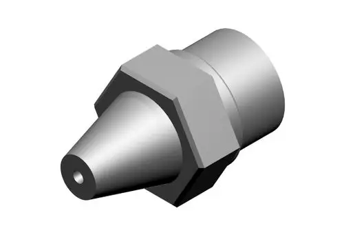 Bosch Düse mit konischer Form und Anschlussgewinde. Sie besitzt eine zentrale Öffnung zur Durchflussregulierung für verschiedene Anwendungen.
